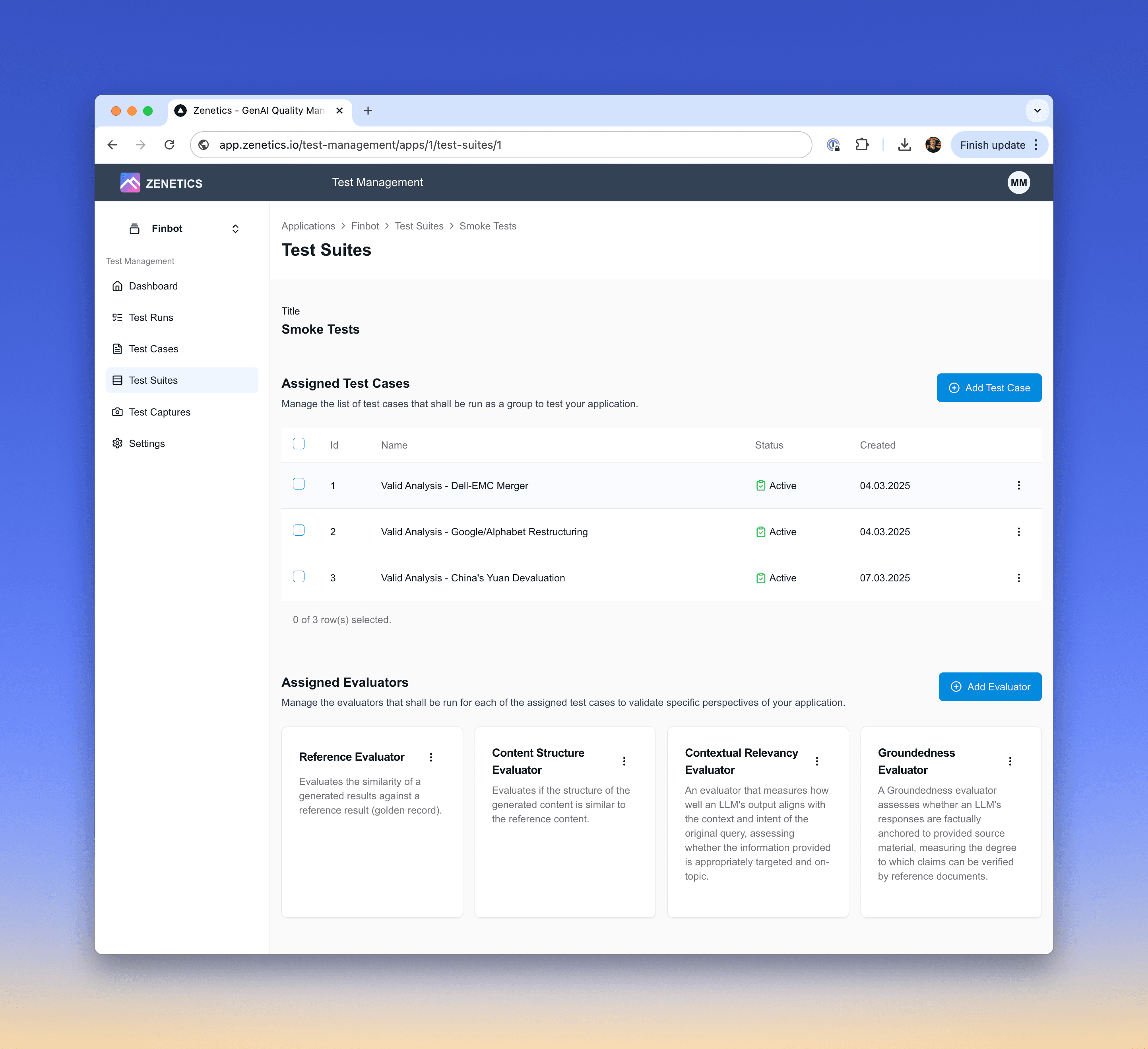 Zenetics Test Suite Management Screenshot